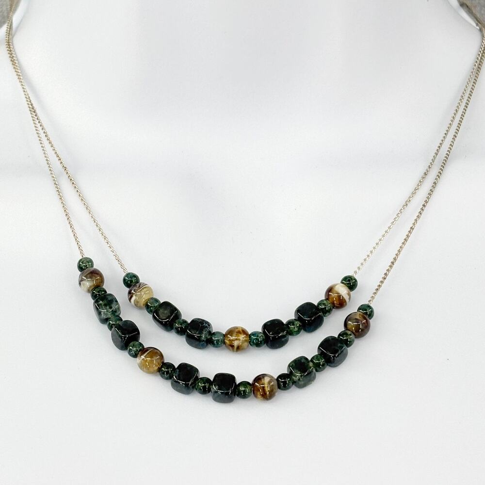 Monet‎ Vintage Green Beaded Double Strand Necklace – 18" Signed Silver-Tone